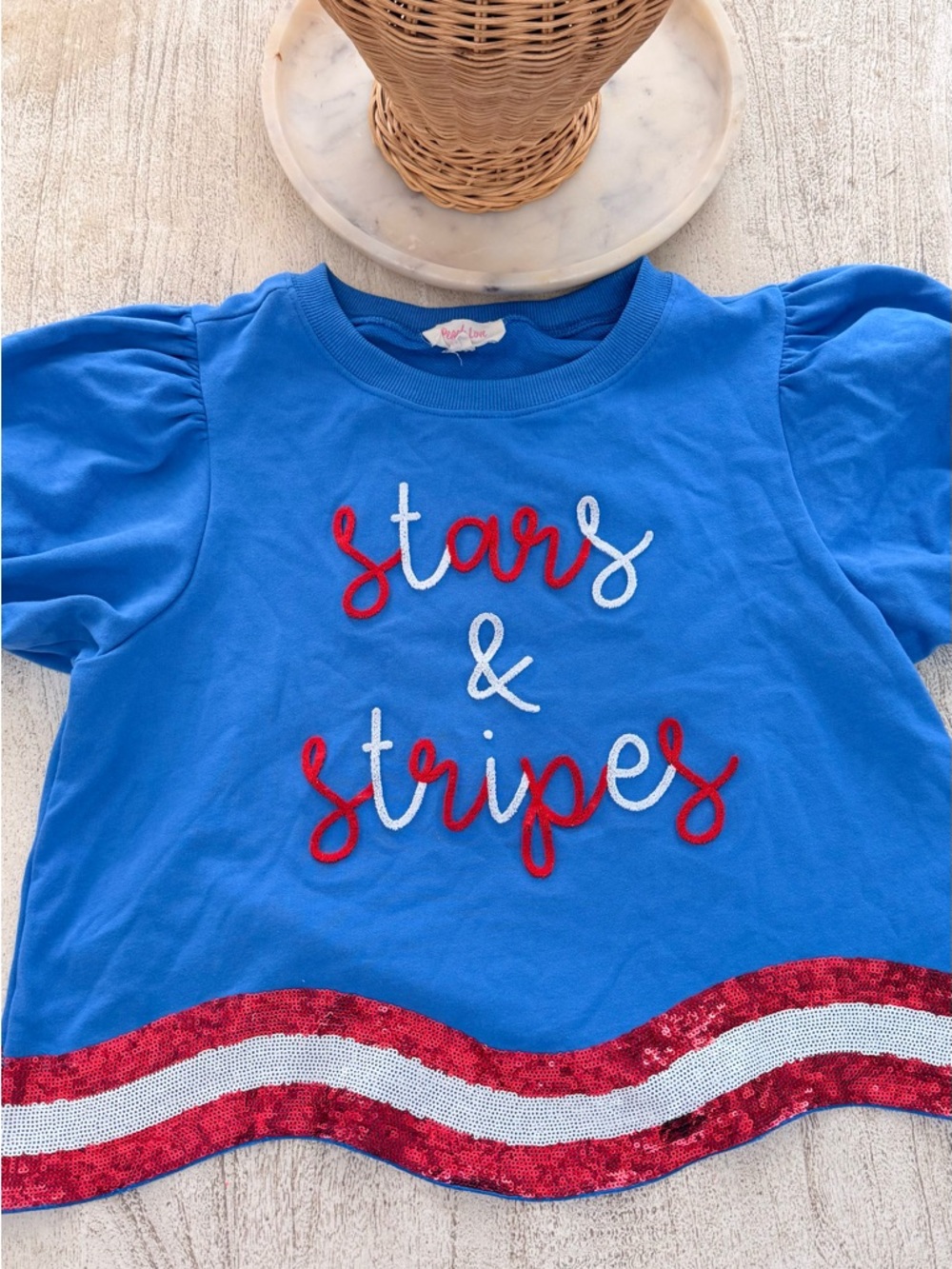 Girls Blue "Stars & Stripes" Sequin Trim Top